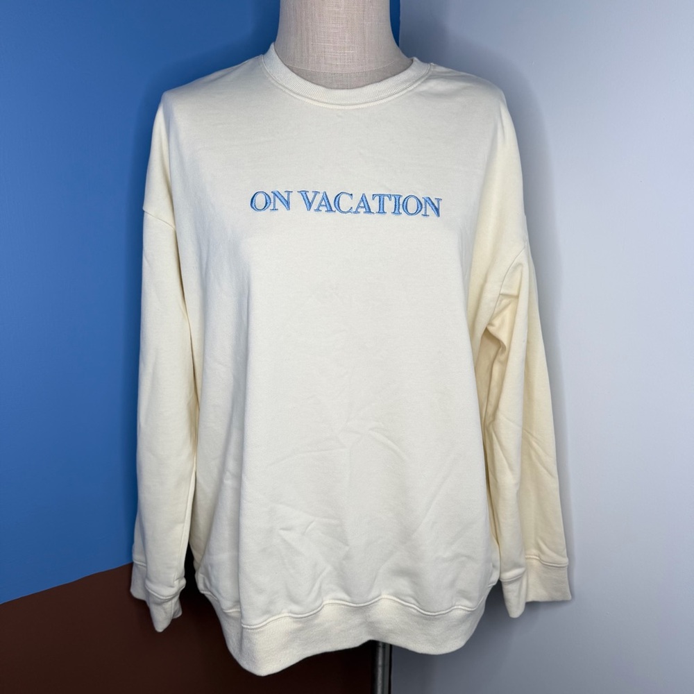 pretty garbage Light Yellow Blue Embroidered “On Vacation” Crewneck Sweatshirt S